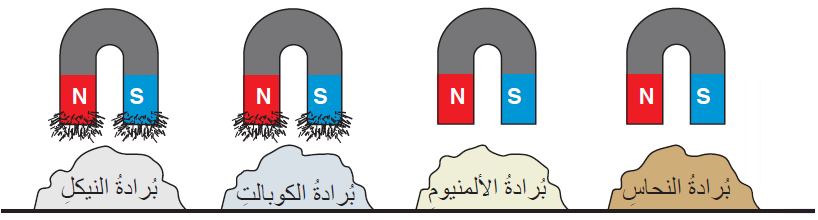 مغانط متماثلة غُمست في بُرادة أربع مواد مختلفة